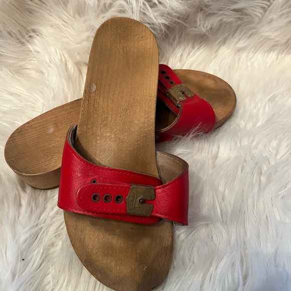 Dr Scholls Red Leather Sandals Sz 7 Womens Wood Slip On Shoes Vtg 70s 80s Italy - Picture 5 of 5